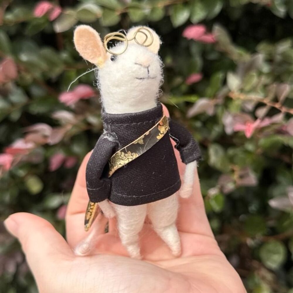 Handmade Mouse Plush Figure with Glasses and Black Shirt